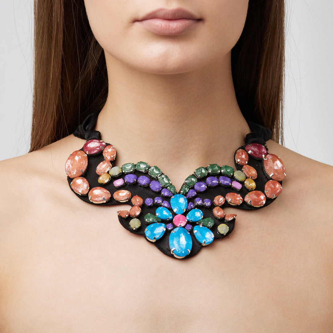 Statement multicoloured silk veil necklace on model.