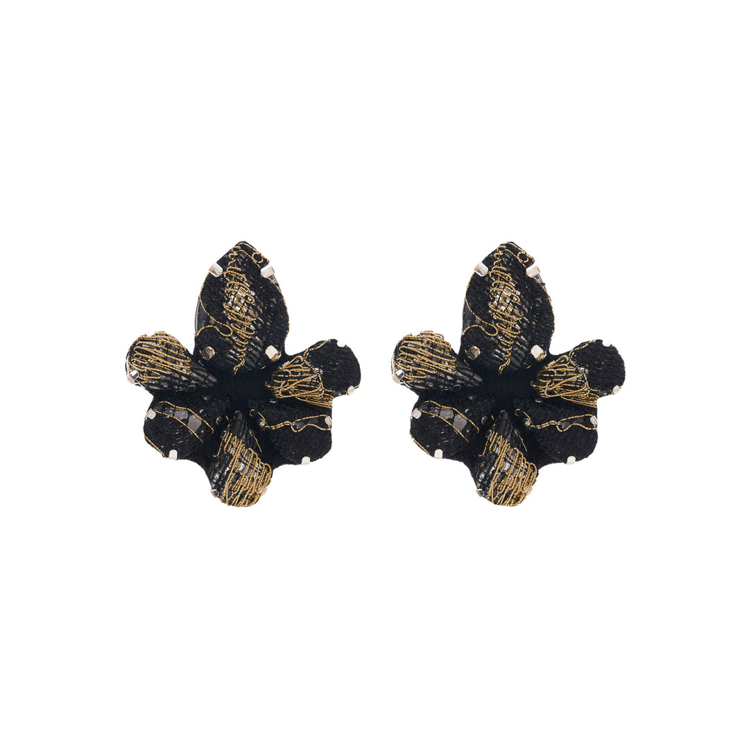 Water lily earrings black and gold lace.